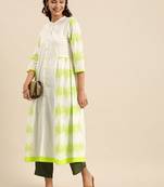 White & Lime Green Floral Printed Kurta