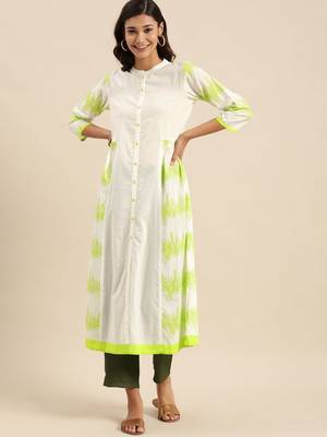 White & Lime Green Floral Printed Kurta 2
