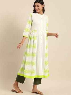 White & Lime Green Floral Printed Kurta 3