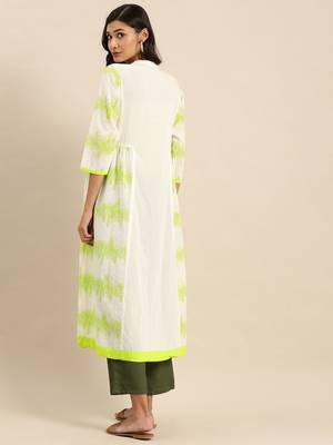 White & Lime Green Floral Printed Kurta 4