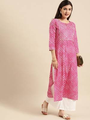 Pink & White Leheriya Striped Keyhole Neck Pure Cotton Kurta 1