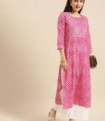 Pink & White Leheriya Striped Keyhole Neck Pure Cotton Kurta