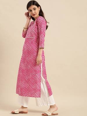 Pink & White Leheriya Striped Keyhole Neck Pure Cotton Kurta 2