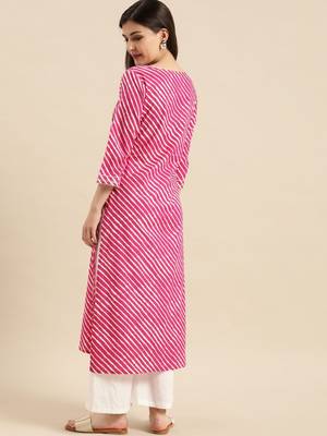 Pink & White Leheriya Striped Keyhole Neck Pure Cotton Kurta 3