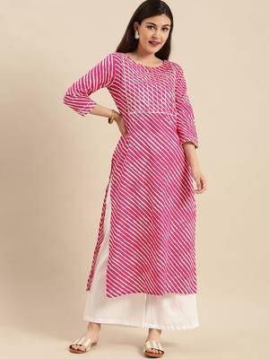Pink & White Leheriya Striped Keyhole Neck Pure Cotton Kurta 4
