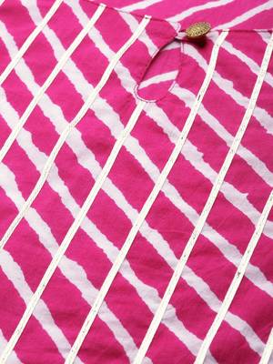 Pink & White Leheriya Striped Keyhole Neck Pure Cotton Kurta 5