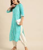 Turquoise Blue & White Leheriya Printed Paneled Kurta