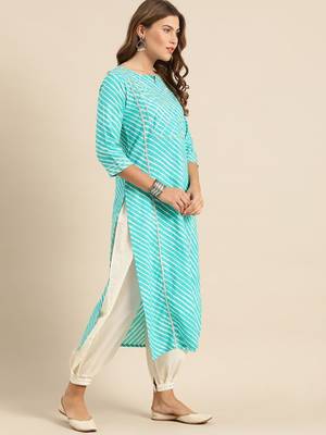 Turquoise Blue & White Leheriya Printed Paneled Kurta 2