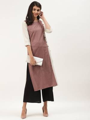 Burgundy & Off White Woven Design Straight Kurta 1