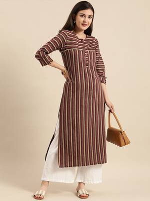 Maroon & Beige Striped Pure Cotton Kurta 1