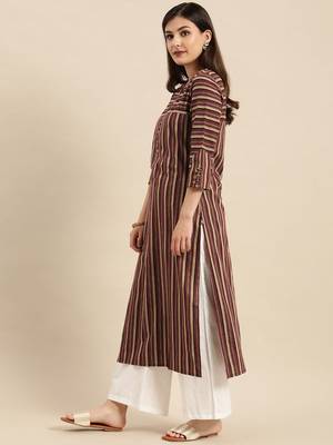 Maroon & Beige Striped Pure Cotton Kurta 2