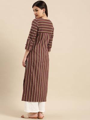 Maroon & Beige Striped Pure Cotton Kurta 3