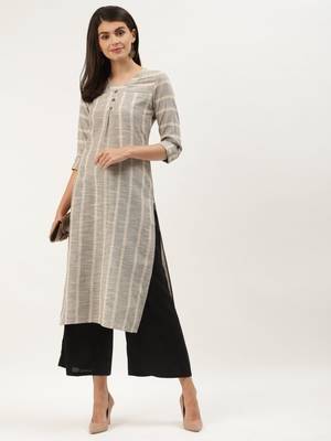 Beige & Black Cotton Striped Straight Kurta 1