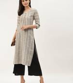 Beige & Black Cotton Striped Straight Kurta