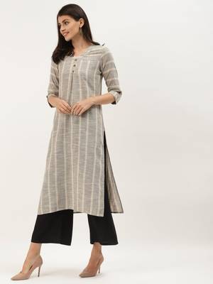 Beige & Black Cotton Striped Straight Kurta 2