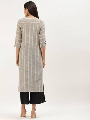 Beige & Black Cotton Striped Straight Kurta 3