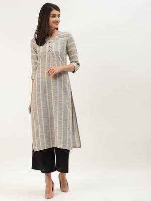 Beige & Black Cotton Striped Straight Kurta 4
