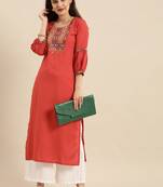 Rust Orange Mirror Embellished Yoke Kurta With Puff Sleeves.