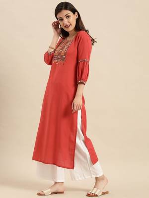 Rust Orange Mirror Embellished Yoke Kurta With Puff Sleeves. 2