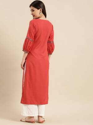 Rust Orange Mirror Embellished Yoke Kurta With Puff Sleeves. 3