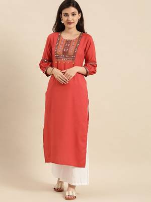 Rust Orange Mirror Embellished Yoke Kurta With Puff Sleeves. 4