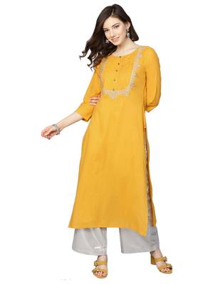 Women Mustard Yellow Yoke Design Straight Kurta 1