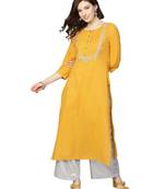 Women Mustard Yellow Yoke Design Straight Kurta