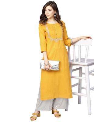 Women Mustard Yellow Yoke Design Straight Kurta 2