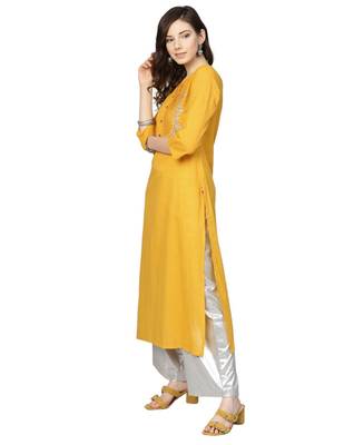Women Mustard Yellow Yoke Design Straight Kurta 3