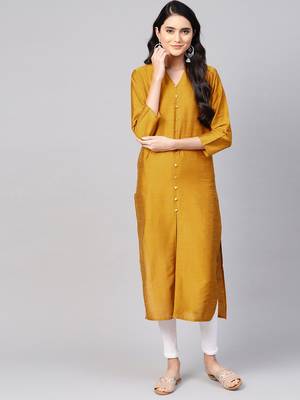 Women Mustard Yellow Solid Silk Straight Kurta 1