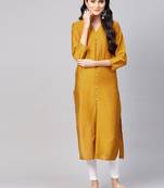 Women Mustard Yellow Solid Silk Straight Kurta