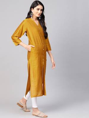 Women Mustard Yellow Solid Silk Straight Kurta 2