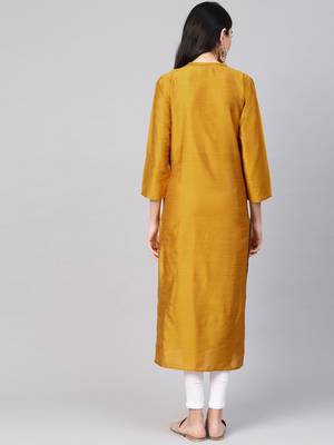 Women Mustard Yellow Solid Silk Straight Kurta 3