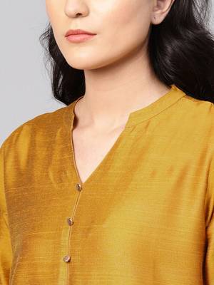Women Mustard Yellow Solid Silk Straight Kurta 4