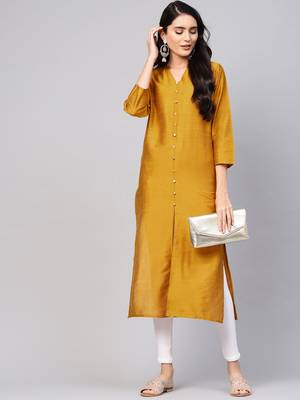 Women Mustard Yellow Solid Silk Straight Kurta 5