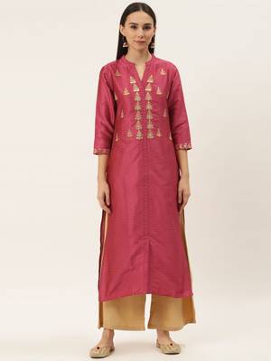 Women Coral Pink Embroidered Straight Kurta 1