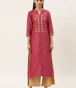Women Coral Pink Embroidered Straight Kurta