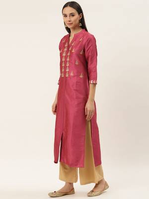 Women Coral Pink Embroidered Straight Kurta 3
