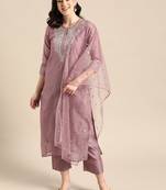 Women Mauve Zari Yoke Design Chanderi Silk Kurta With Trousers & Dupatta