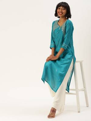 Women Blue Embroidered Straight Kurta 1