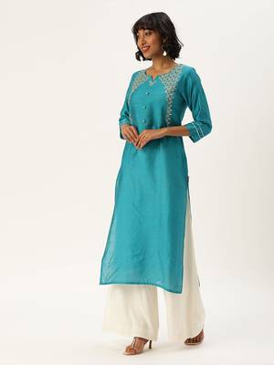 Women Blue Embroidered Straight Kurta 2