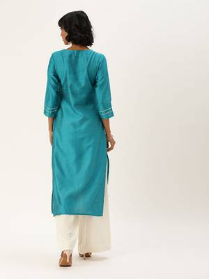 Women Blue Embroidered Straight Kurta 3