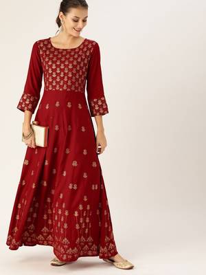 Women Maroon & Gold Toned Printed Anarkali Kurta 1