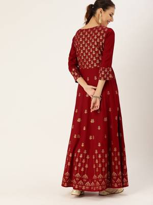 Women Maroon & Gold Toned Printed Anarkali Kurta 4