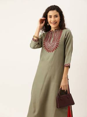 Women Olive Green With A Tinge Of Beige & Maroon Embellished Straight Kurta 1