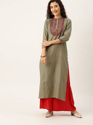 Women Olive Green With A Tinge Of Beige & Maroon Embellished Straight Kurta 2