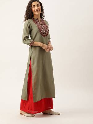 Women Olive Green With A Tinge Of Beige & Maroon Embellished Straight Kurta 3