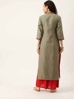 Women Olive Green With A Tinge Of Beige & Maroon Embellished Straight Kurta 4