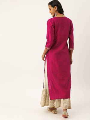 Women Magenta & Gold Toned Yoke Design Straight Kurta 4