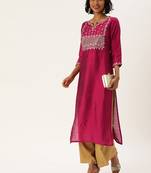 Women Magenta Pink Yoke Design Straight Kurta